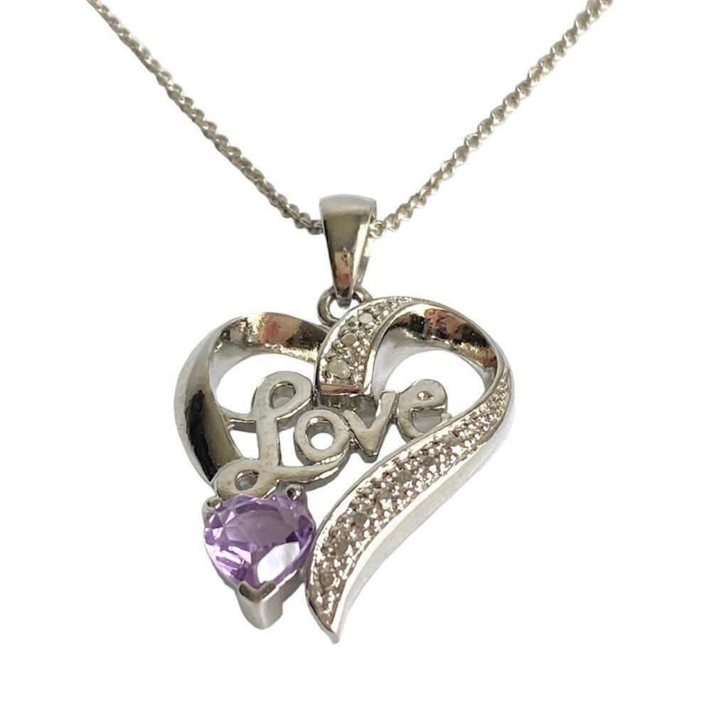 Vintage Love Necklace Silver Tone Purple‎ Gemstone Heart Pendant Y2K 18” Chain